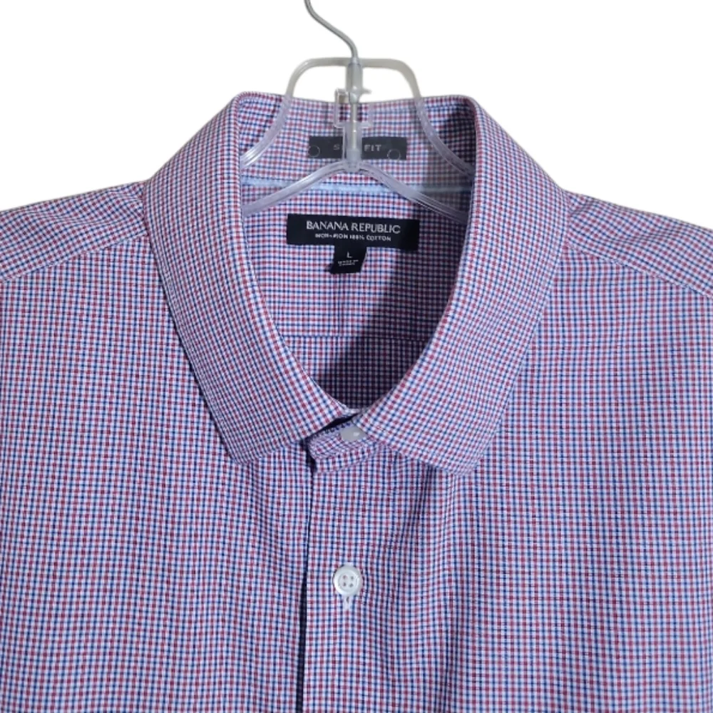 Banana Republic slim fit red blue white plaid non iron cotton shirt men large